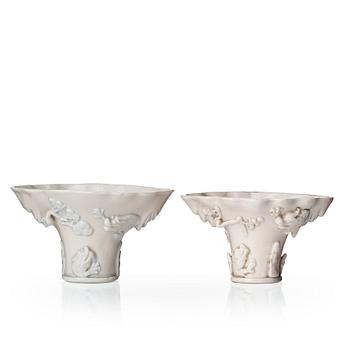 601. Two blanc de chine rhinoserous shaped libation cups, Qing dynasty, Kangxi (1662-1722).