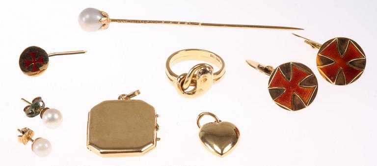 PARTI SMYCKEN, 8 delar, mestadels 18K guld, 1900-tal.