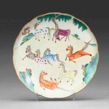 A famille rose plate with horses, circa 1900 with Daoguang mark.