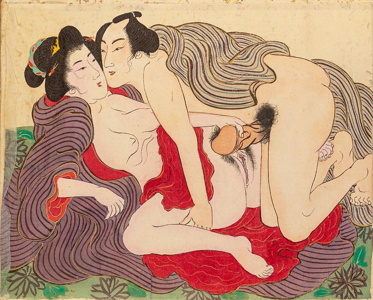 MAKIMONO/RULLMÅLNING, shunga, tusch och färg på siden. Meiji (1868-1912).