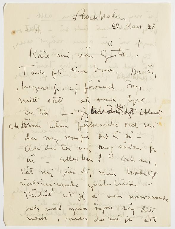 LETTER, from Carl Kylberg in Stockholm to GAN (Gösta Adrian-Nilsson) in Lund, dated 29 Mars (March) (19)28.