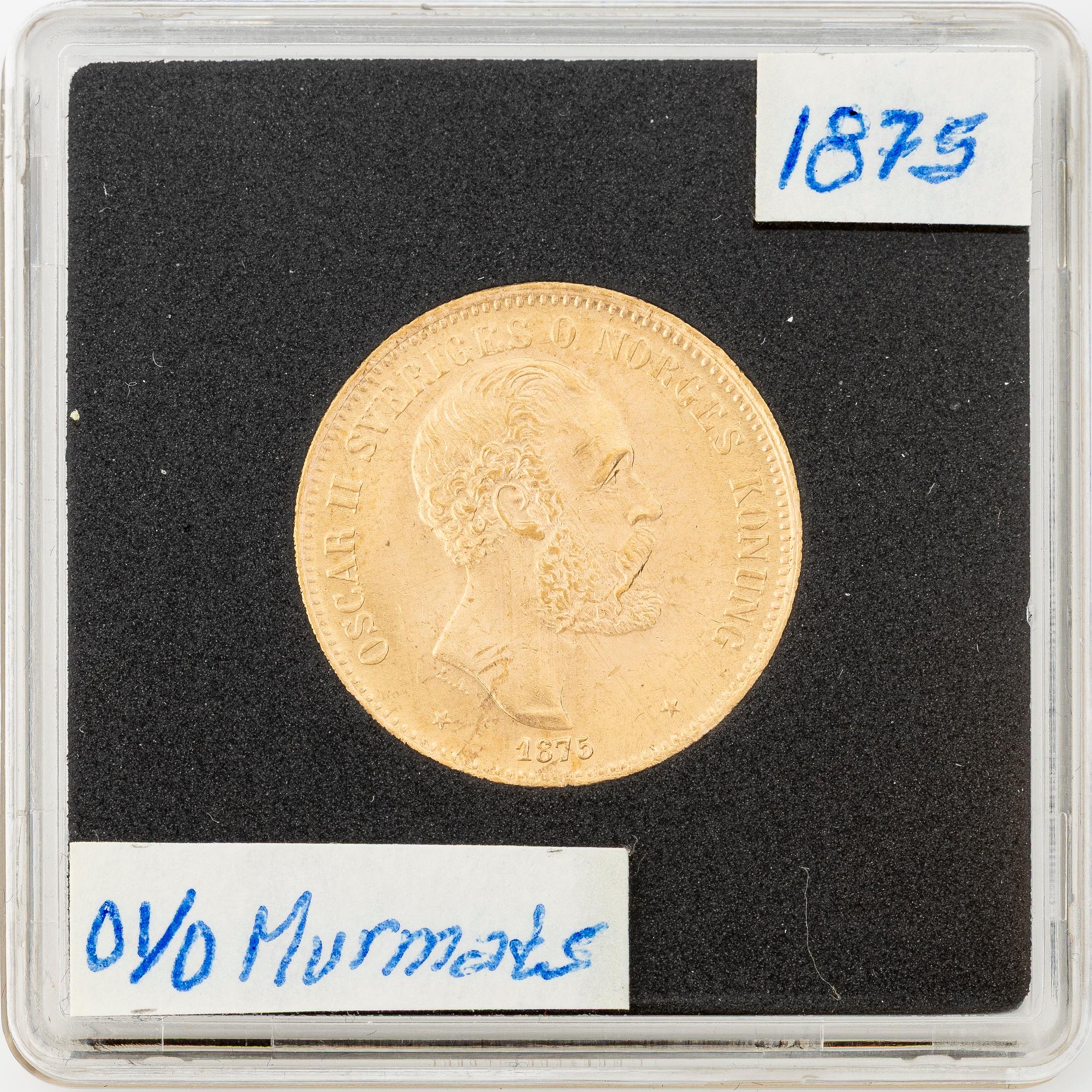 Gold coin, Oscar II, 20 kronor, type I, Sweden 1875.