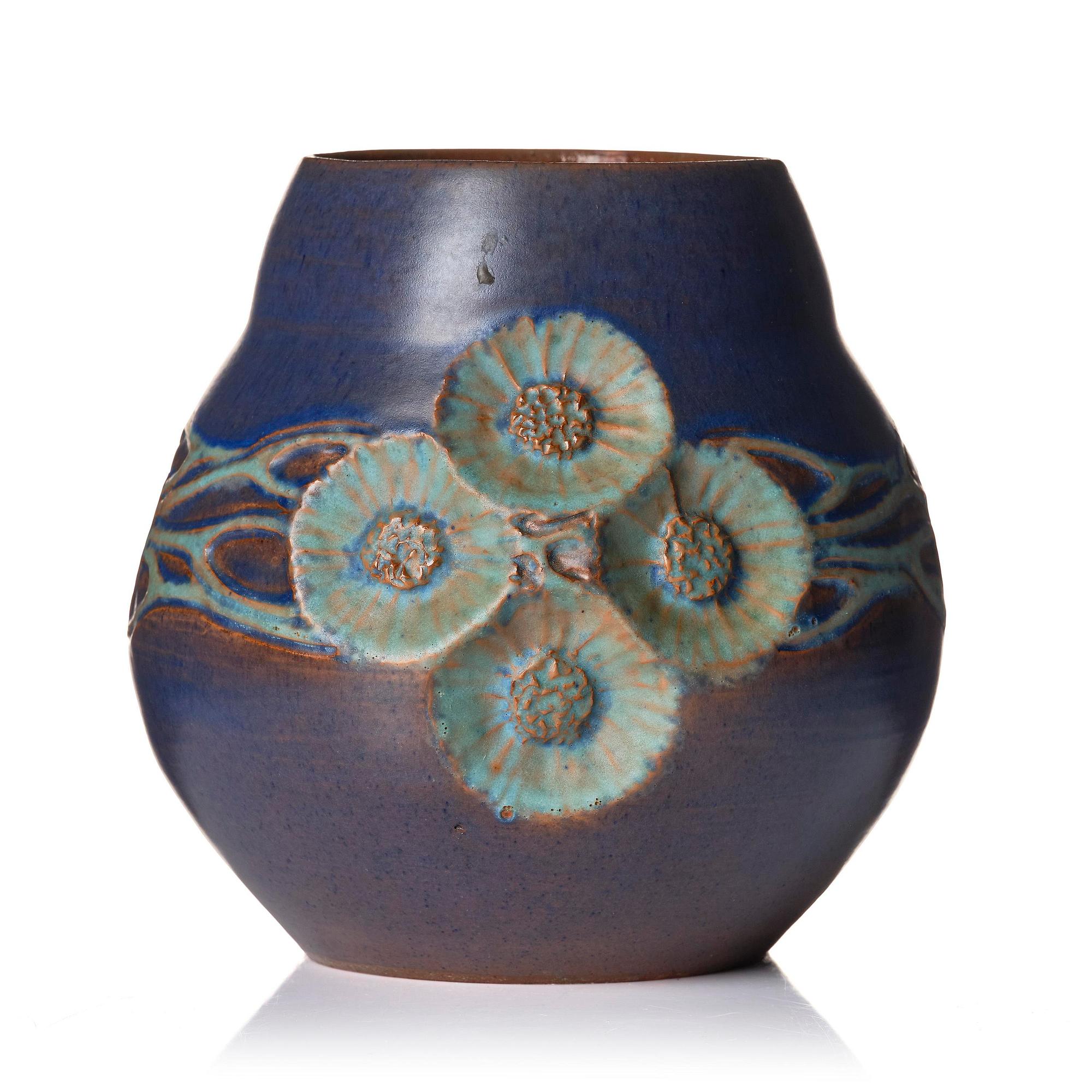 Hilma Persson-Hjelm, a glazed earthenware art nouveau vase, executed in her own studio, Arvika 1919. No 1619.