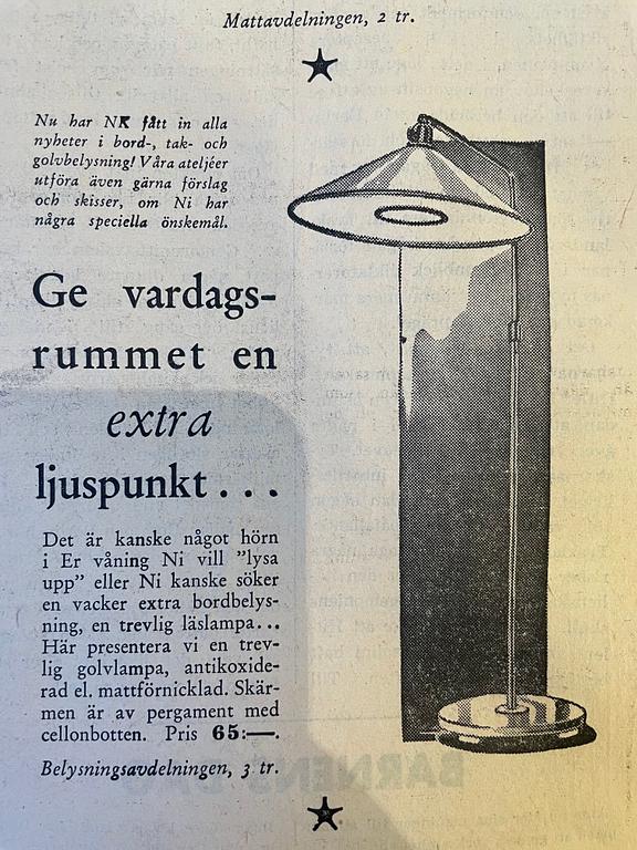 Erik Tidstrand, a pair of floor lamps, model "29448", Nordiska Kompaniet 1930s.