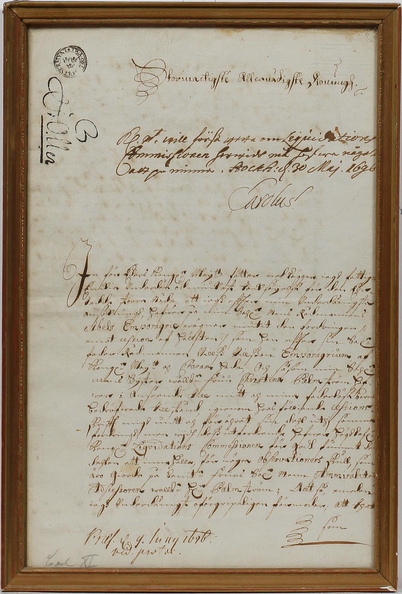 DOKUMENT MED AUTOGRAF, Karl XI. Sign o dat 1696.