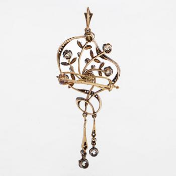 Brosch/hänge, silver och guld med gammalslipade och rosenslipade diamanter.