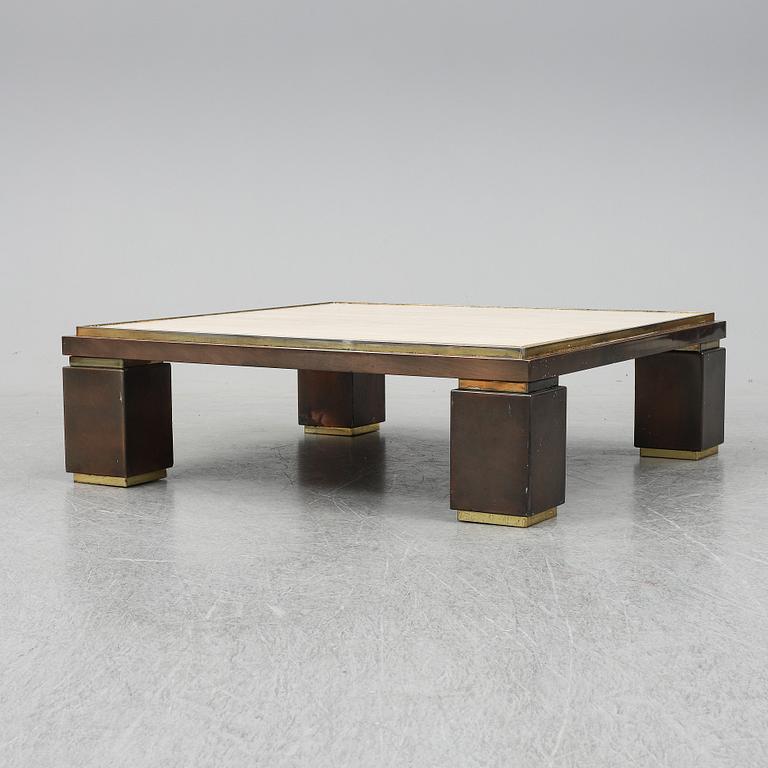 A travetine and brass sofa table, 1970s, probably Belgo Chrome.