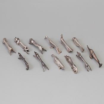 12 silver plated animal-shaped knife rests designed by Marcel Edouard Sandoz for Gallia Christofle, France.