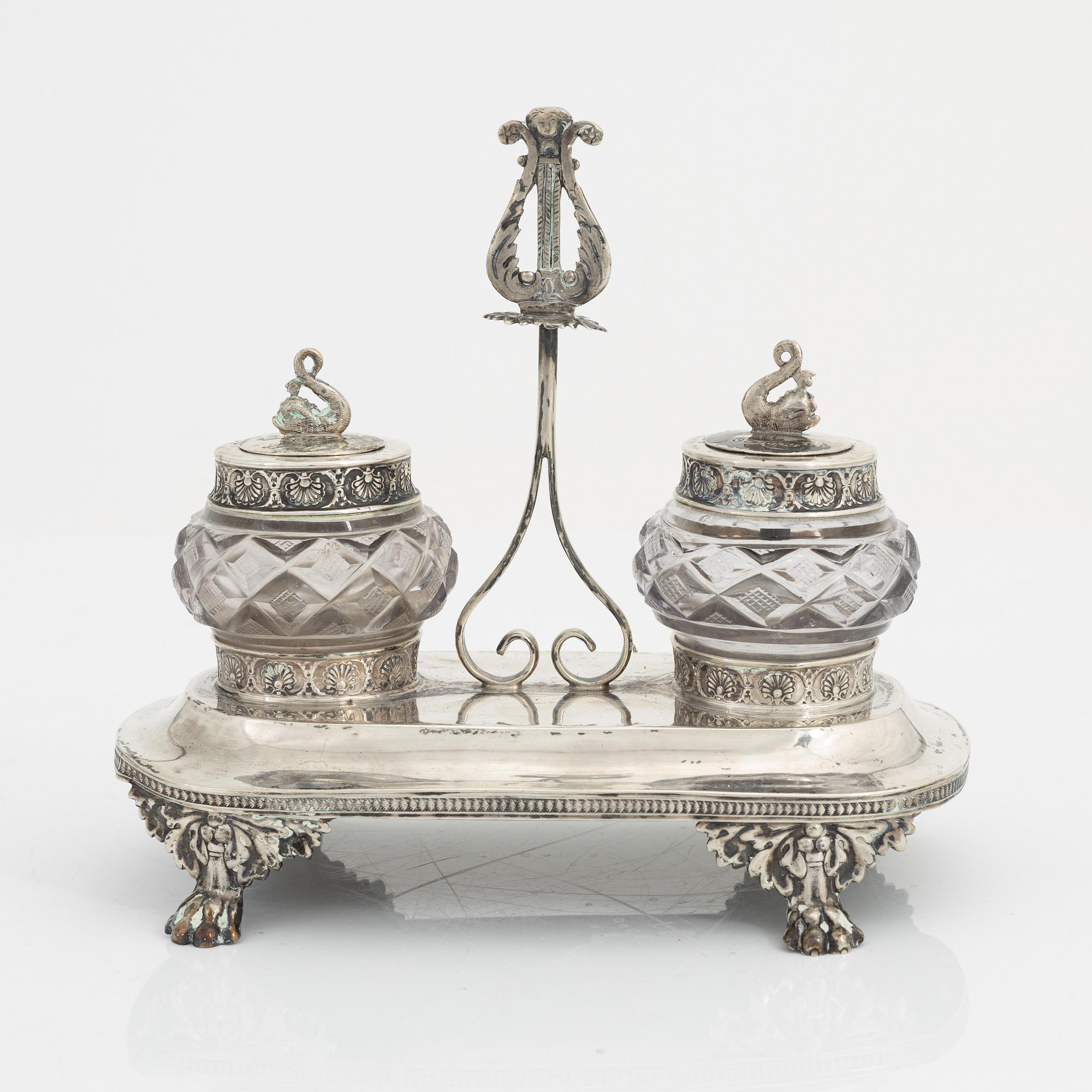 Carl Petter Lampa, skrivställ, silver och glas, empire, Stockholm 1828.