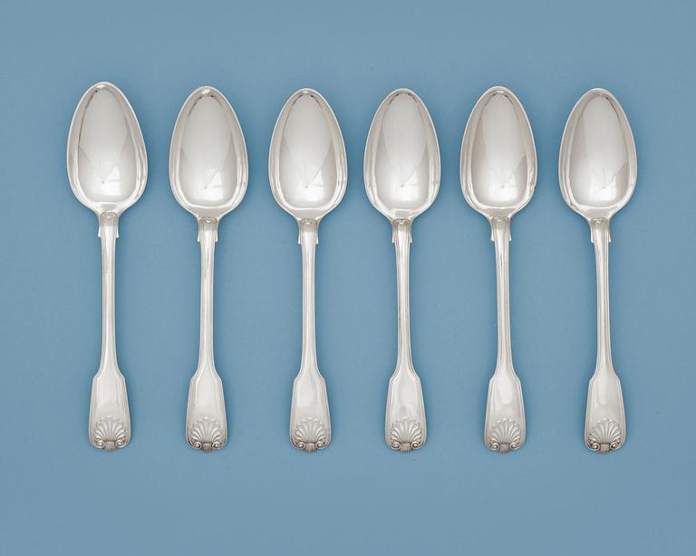A Swedish 19th century silver set of six table-spoons, makers mark of Gustaf Möllenborg, Stockholm 1841.