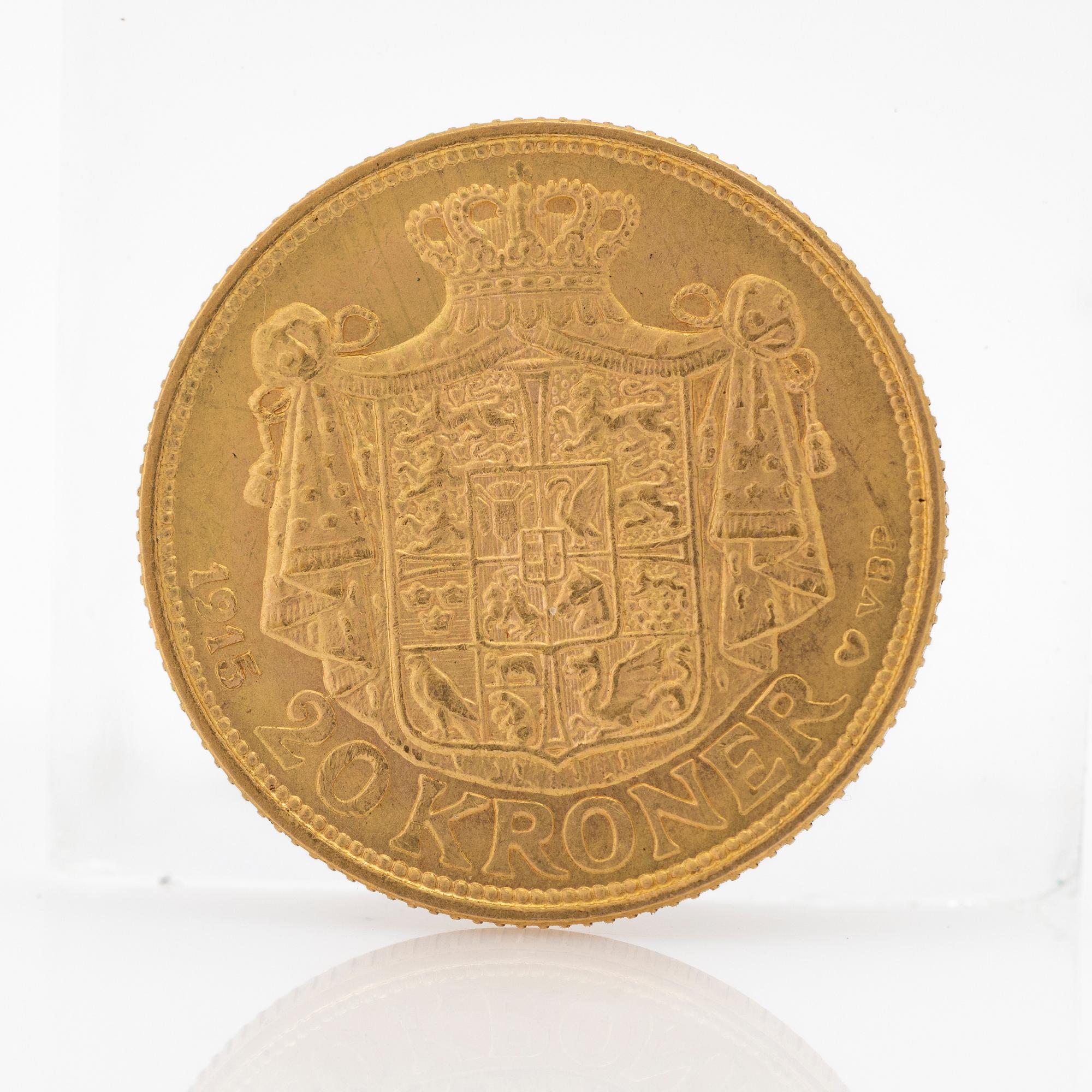 Gold coin Denmark Frederik VIII 20 crowns, 1915.