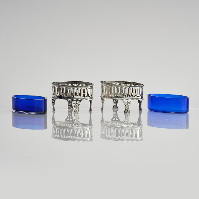 A pair of Swedish Gustavian 18th century silver and blue glass salt-cellars, marks of Olof Sedin, Gävle 1793.
