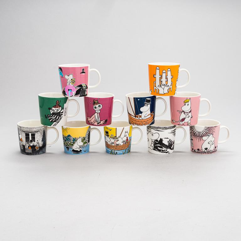 Eleven Moomin mugs, white porcelain, Moomin Characters, Arabia.