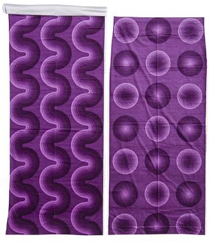 A FABRIC, CURTAINS, 2 PIECES AND SAMPLERS, 9 PIECES. Cotton velor. A variety of aubergine colour nuances and patterns.