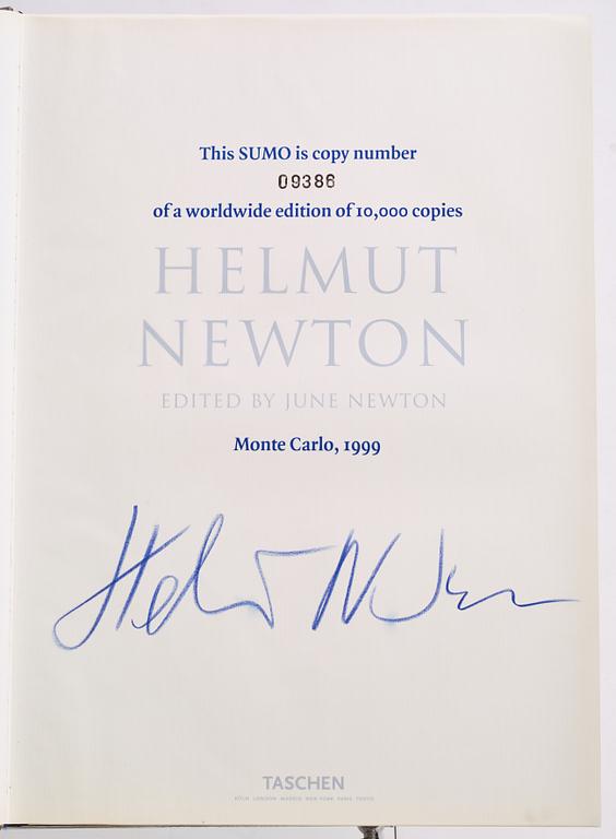 Helmut Newton, Signed book published by Taschen, Monte Carlo, 1999, ed 10000, with a metal table.