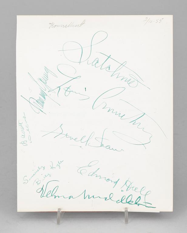 AUTOGRAFER, 7 st, Louis Armstrong med band,  egenhändigt signerade. Konserthuset 2/10 1955.