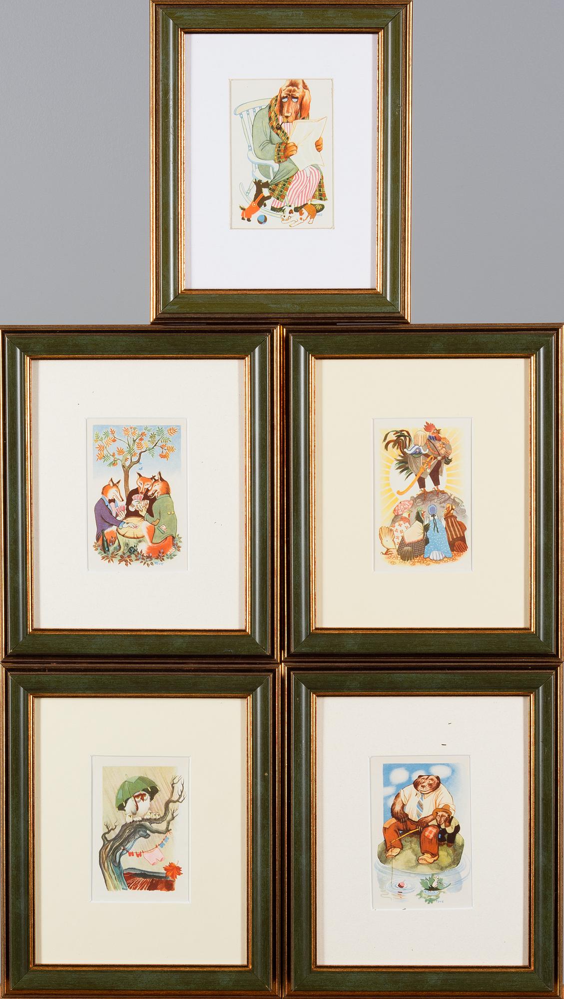 KONSTVYKORT, 5 st, efter Tove Jansson, signerade i trycket, Taidekorttikeskus 1940-tal.