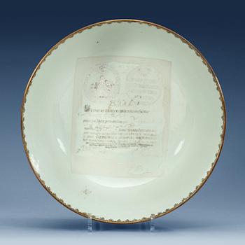 A grisaille punch bowl with a Swedish Bank note, Qing dynasty, Qianlong dated 1762.