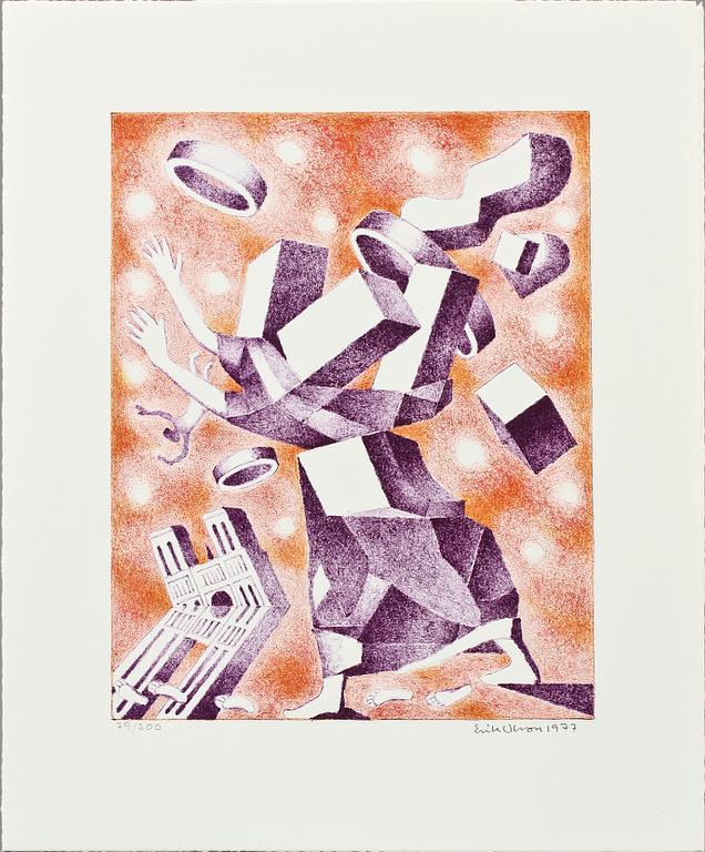 ERIK OLSON, mapp med 3 st färglitografier samt bok och katalog.