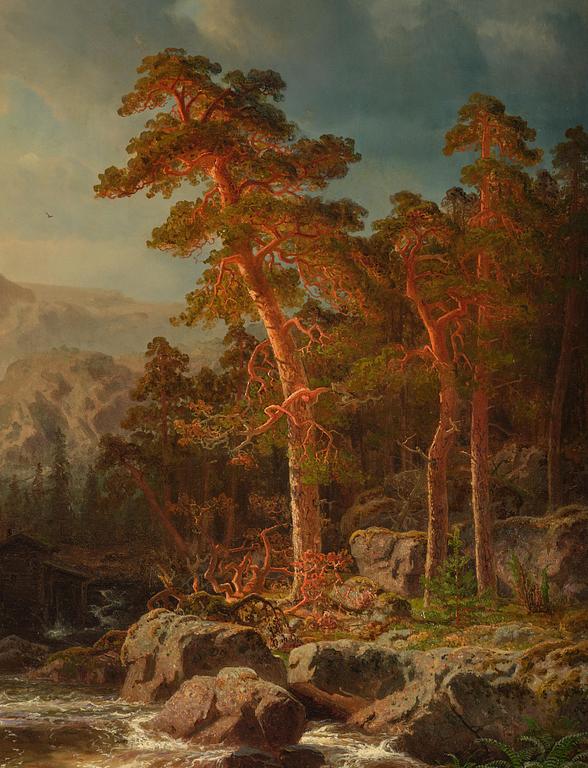 Marcus Larsson, ”Svenskt landskap med vattenfall” (Swedish landscape with waterfall).