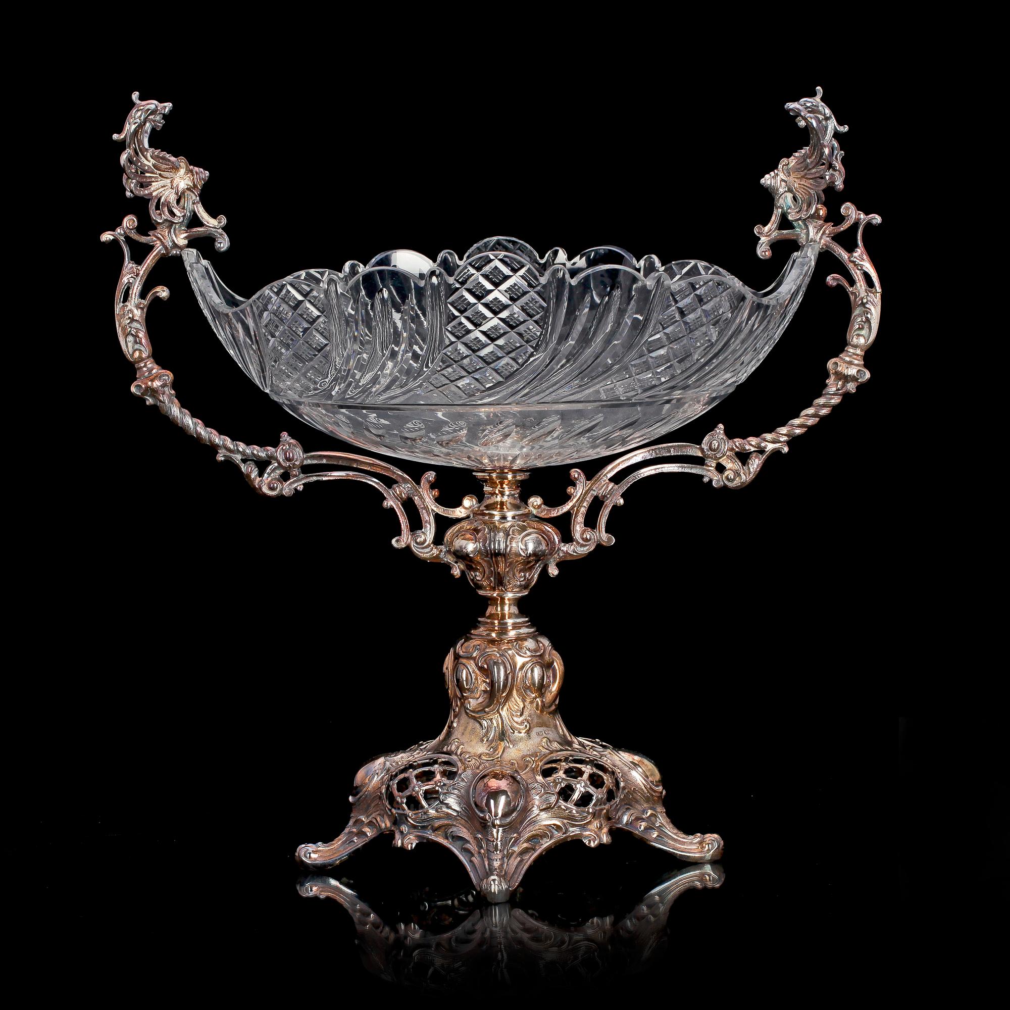 SKÅL PÅ FOT, nysilver och glas. Nyrokoko, 1800-talets slut.