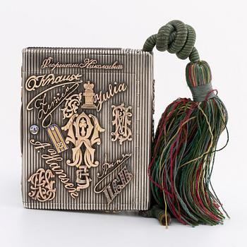 Silver box, gold, enamel, rose-cut diamonds, saphires and rubies (possibly synthetic), silk chord, St Petersburg.