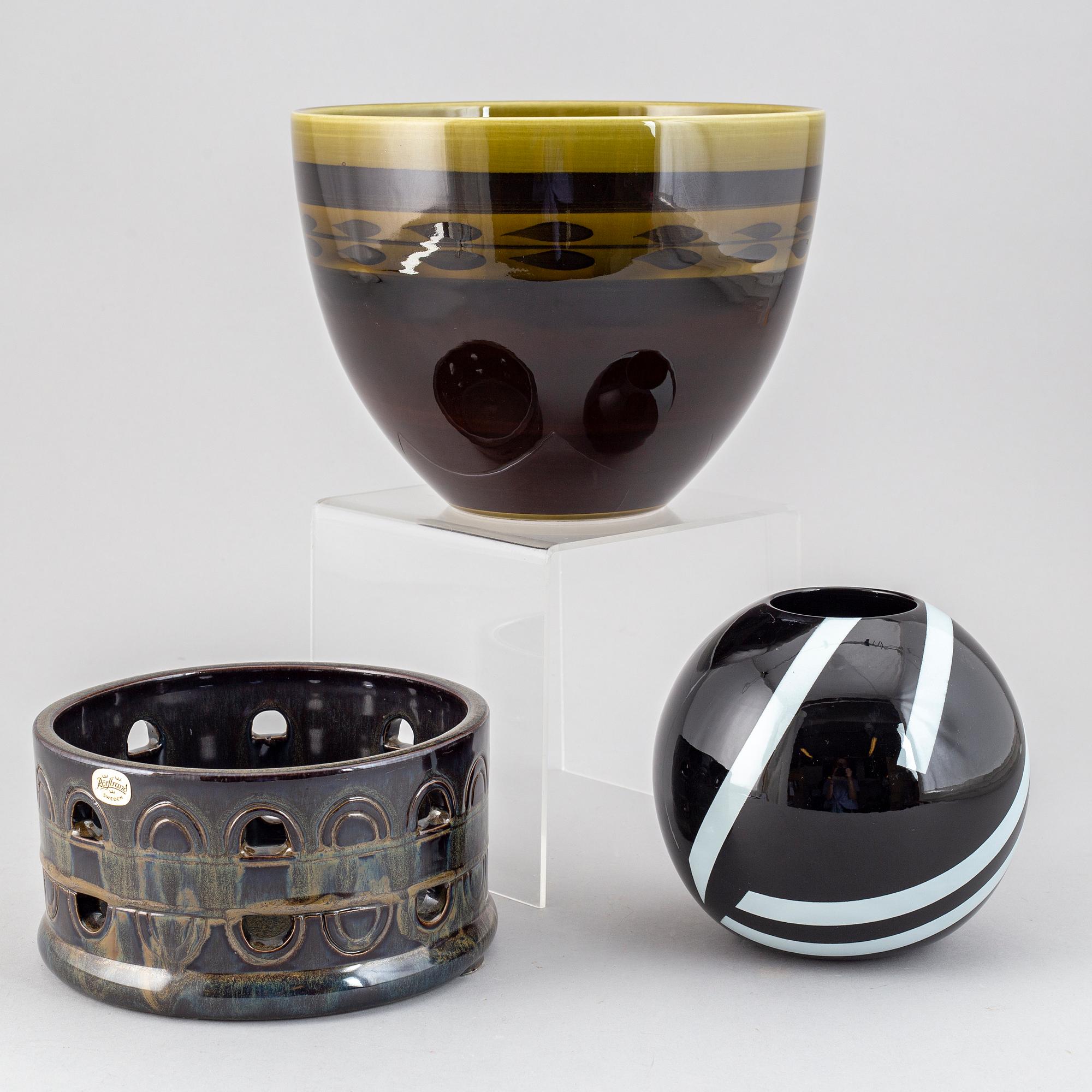 ROLF SINNEMARK, JACKIE LYND and OLLE ALBERIUS, a stoneware vase and two jardinieres, Rörstrand, Sweden.