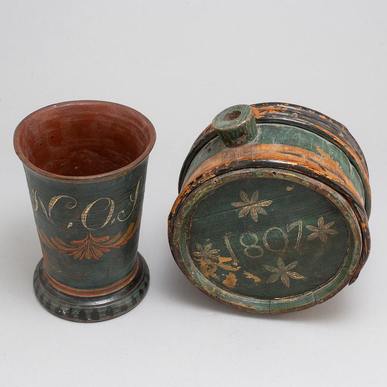 A Swedish wooden cup and bottle, late 18th / early 19th century.