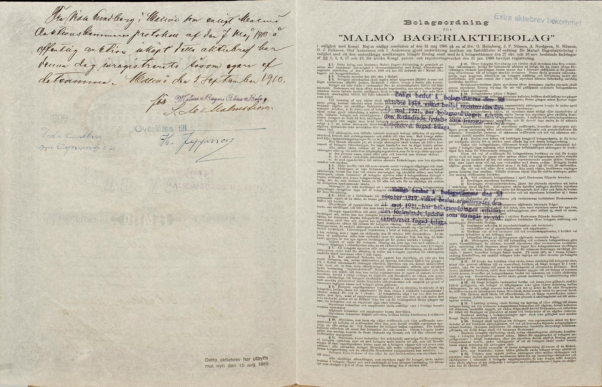 AKTIEBREV, två st, omkring 1898 resp 1901.