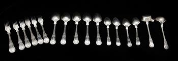 PARTI BESTICK, 17 delar, silver, "Engelsk snäck", mest Zethelius i Stockholm. Mest 1840-50-tal. Tot ca 1100 gram.
