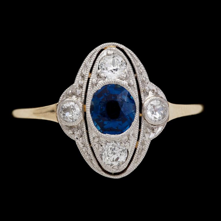 RING, blue sapphire with small diamonds, c. 1915.