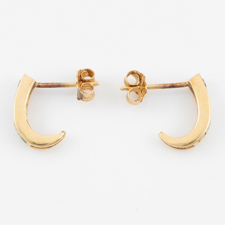 Ring, and a pair of earrings, 18K gold set with small rubies, emeralds, sapphires, and diamonds.