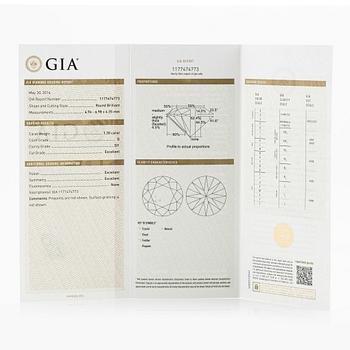 Ring in 18K gold with a round brilliant-cut diamond, 1.30 ct, G si 1, according to the accompanying GIA Diamond Grading Report.