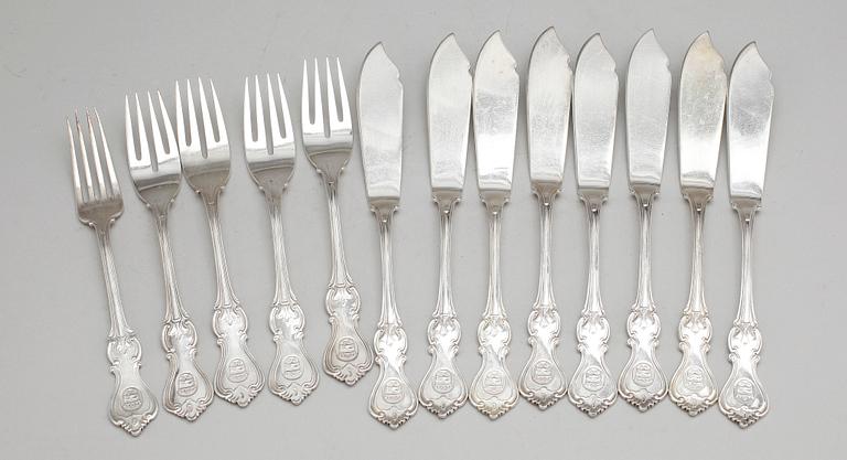 FISKBESTICK, 12 delar, nysilver, "Olga", Hallbergs, 1900-tal.