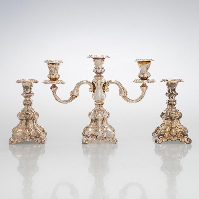 A silver candelabra and a pair of silver candlestick, Kultakeskus Hämeenlinna 1962 and 1985.