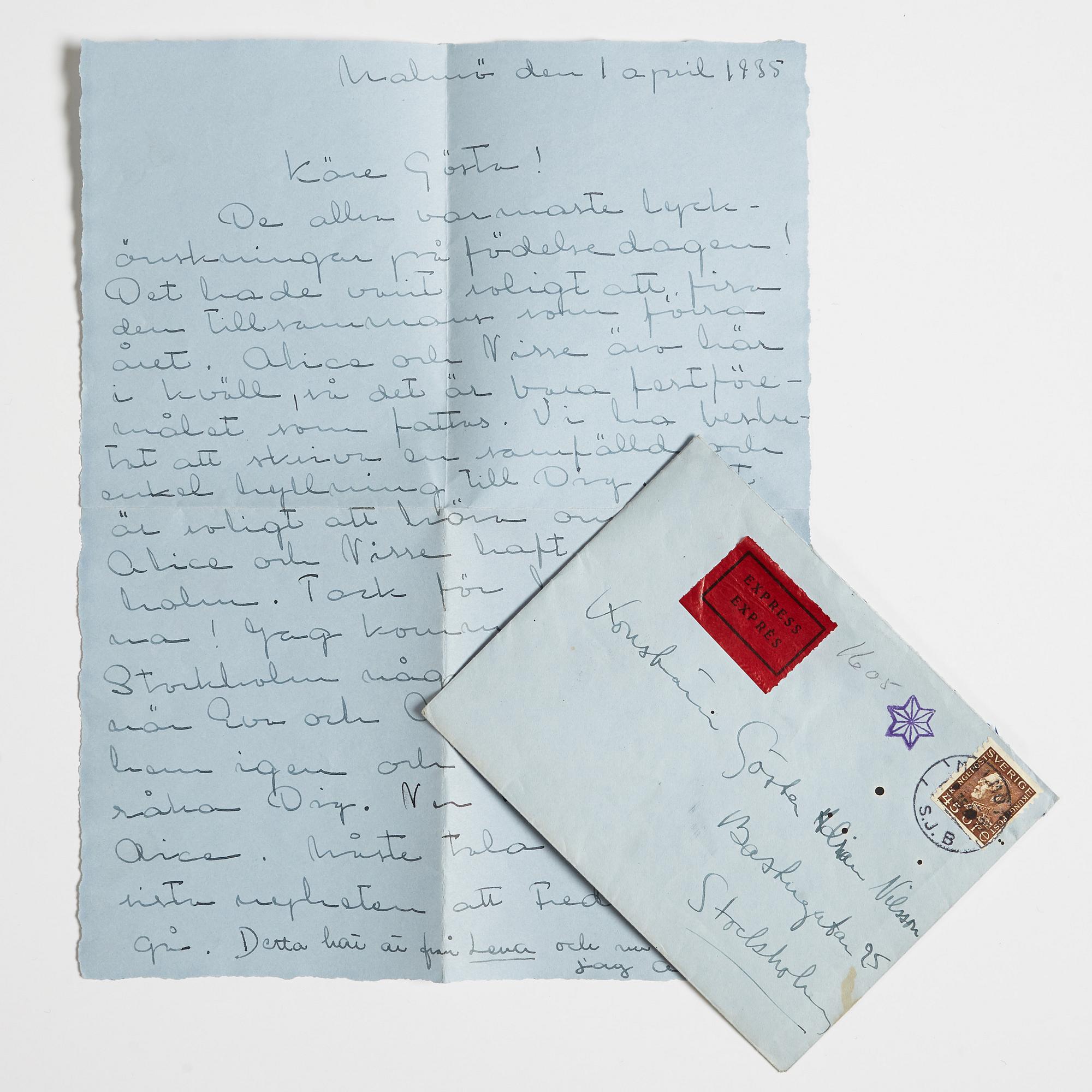 LETTER from the Wedel and Liepe families to GAN (Gösta Adrian-Nilsson) in Stockholm, dated Malmö 1 april 1935.