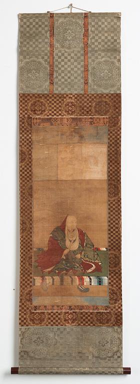 RULLMÅLNING, tusch och färg på silke. Japan, Meiji (1868-1912).