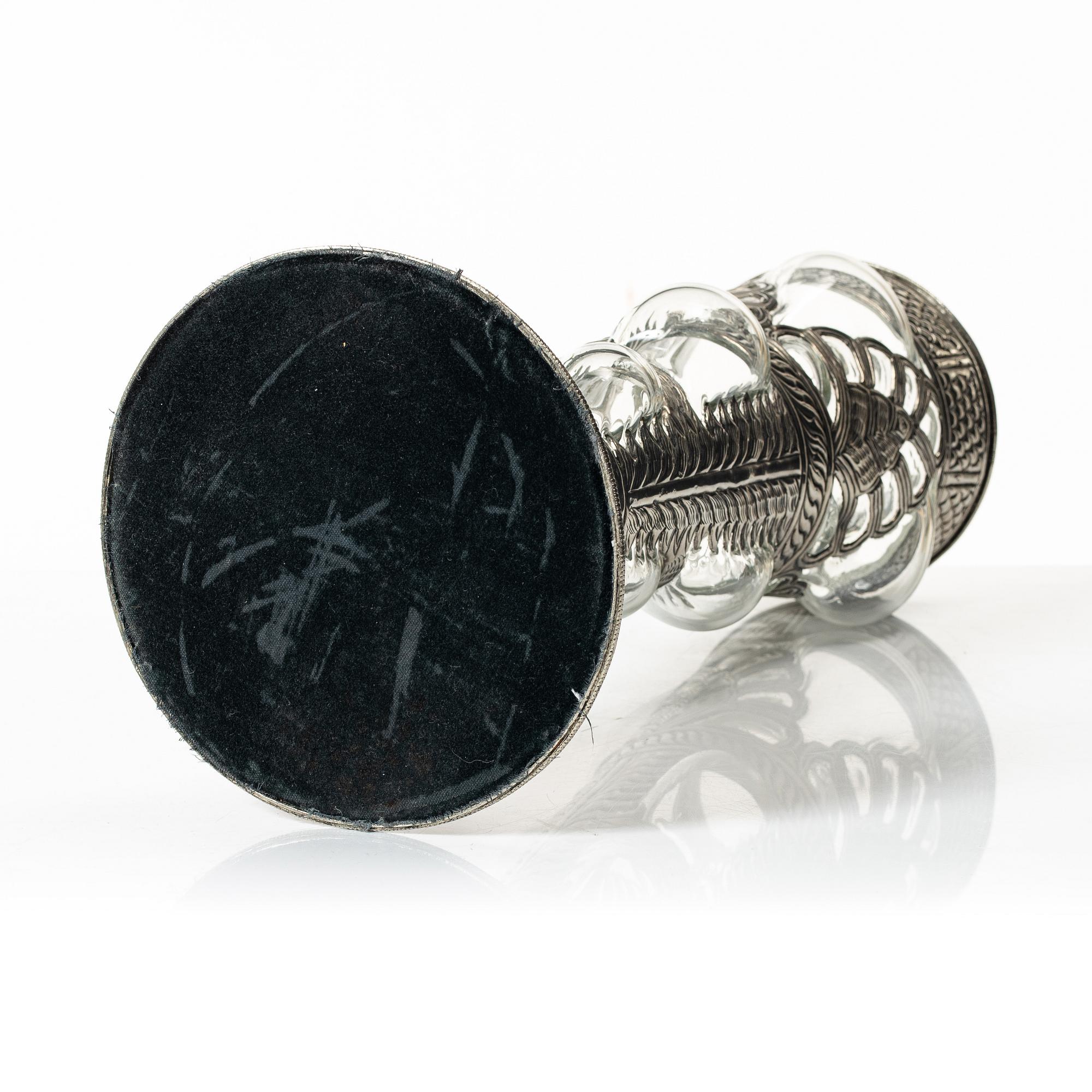 Vase, glass, and white metal, unmarked, 20th century.