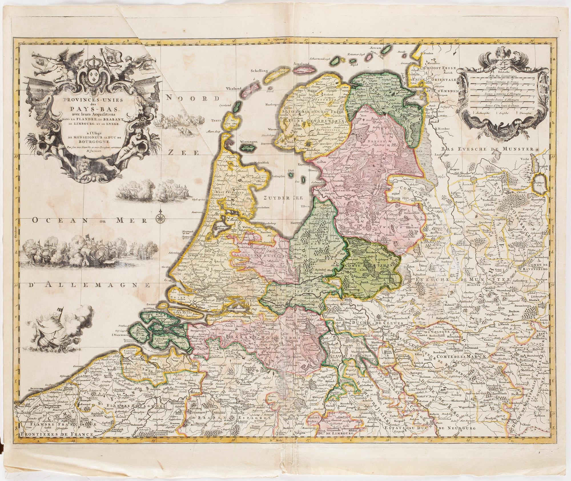 KARTOR, 2 st, handkolorerade etsningar, efter Justus Danckerts samt Alexis Hubert Jaillot, 17/1800-tal.