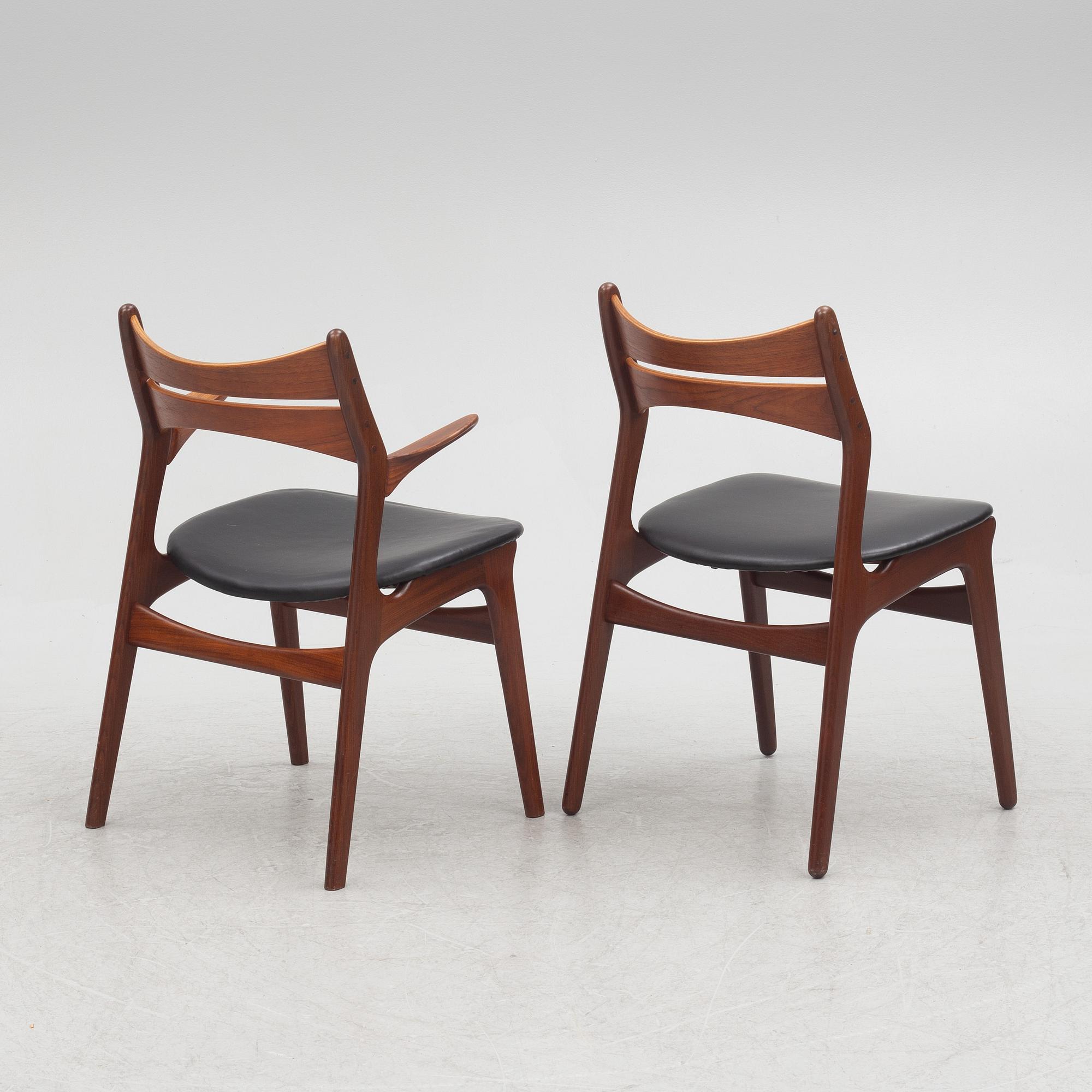 Erik Buch, two chairs and four armchairs, model 310, Christiansens Møbelfabrik, Denmark.