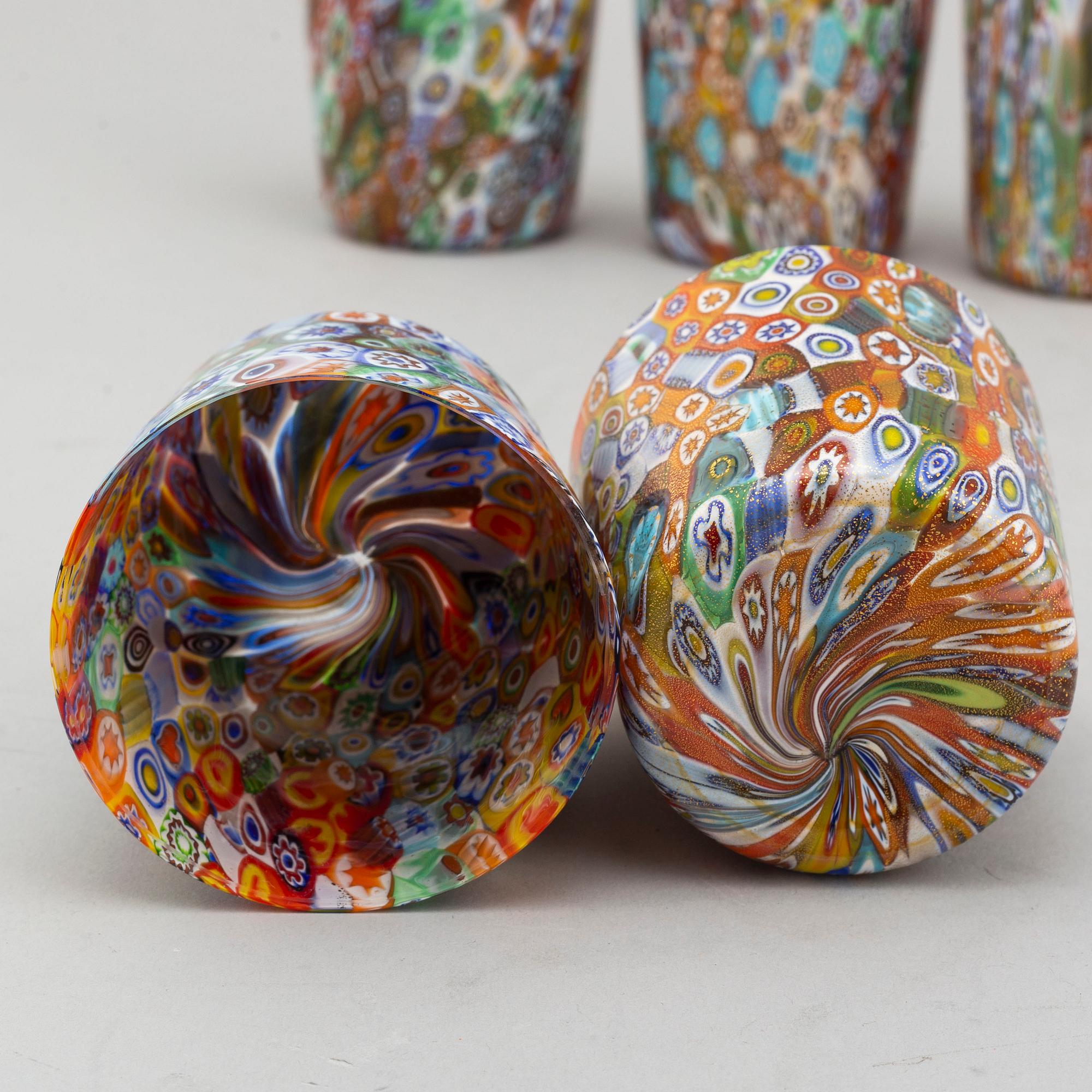 Eight Italian "millefiori" glasses, 20th Century.