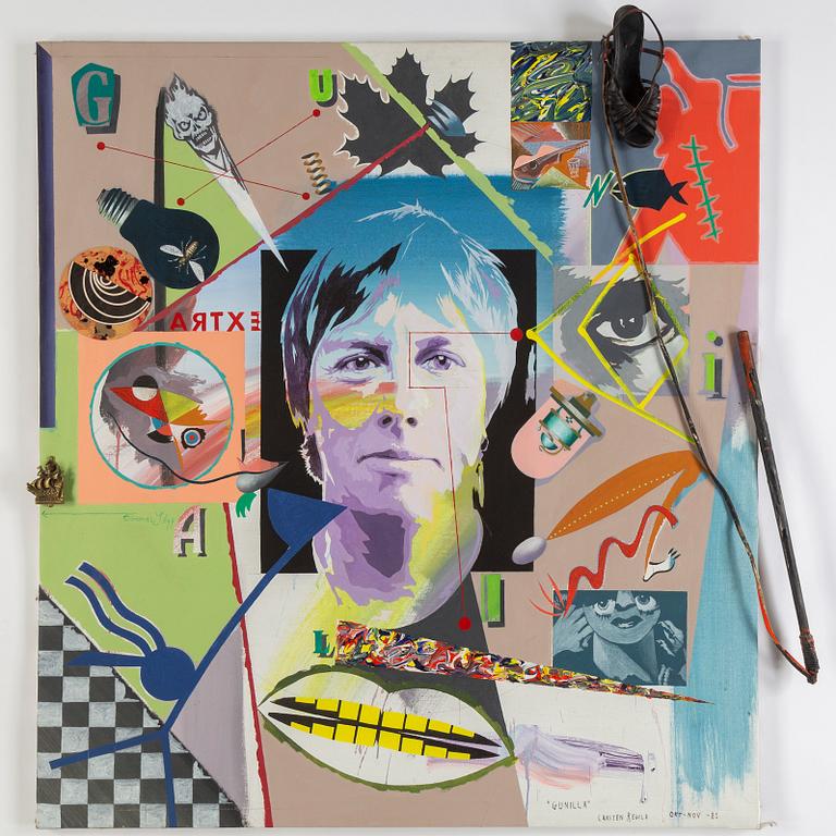 Carsten Regild, assemblage, blandteknik och kollage på duk. Signerad och daterad 1981 on verso.