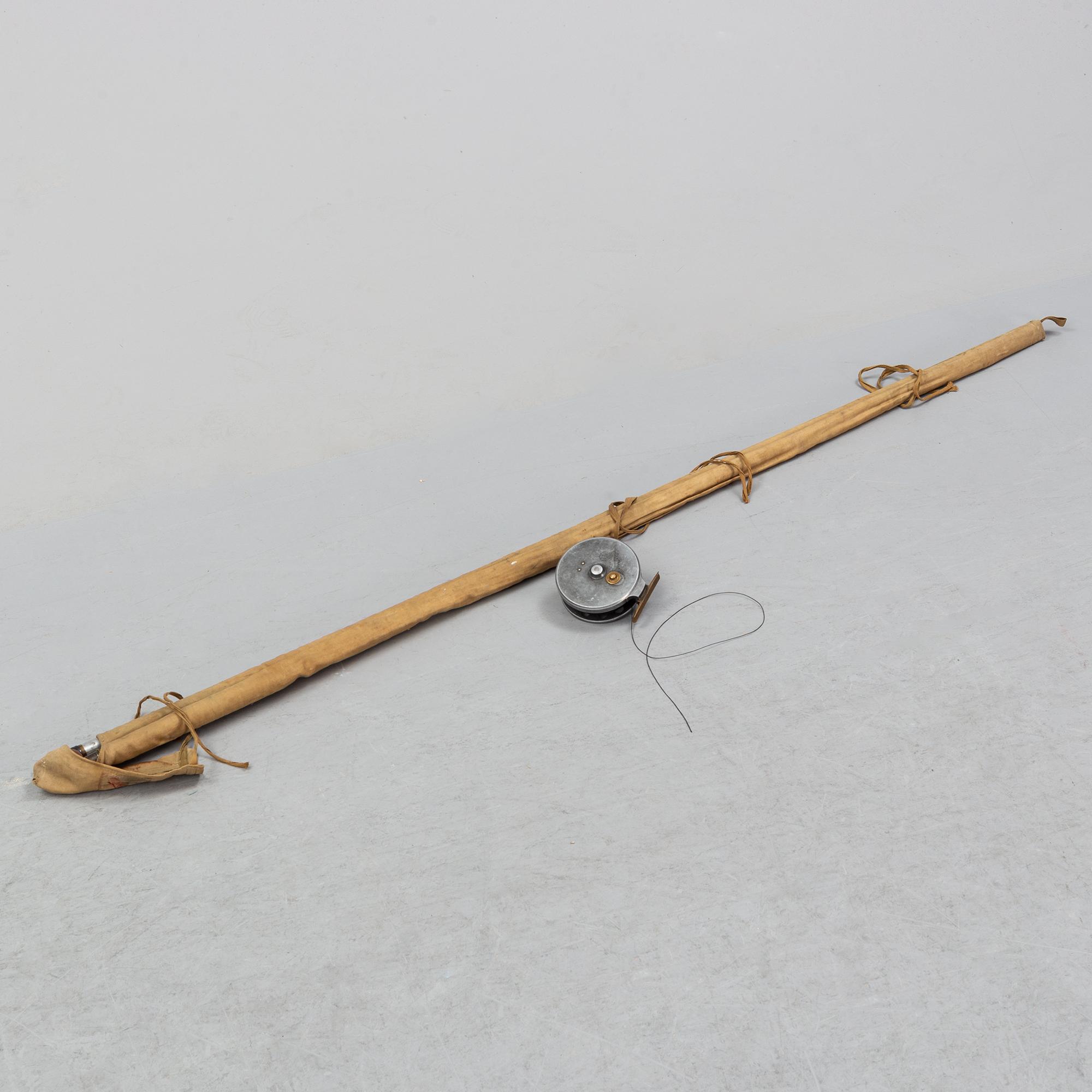 S Allcock & Co Ltd, Redditch, "The Allcock Aerial" fishing reel, and  C Farlow & Co Ltd, London, split-cane fishing rod.