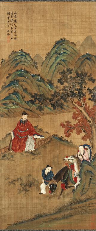 A hanging scroll of figures and horses in a landscape, late Qing dynasty.