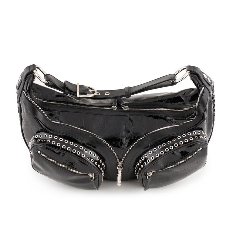 VERSACE, a black patented leather handbag.