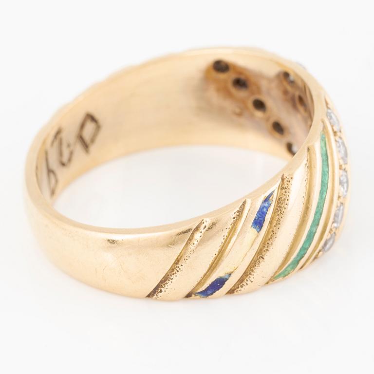 Ring, 18K guld med grön och blå emalj och briljantslipade diamanter.