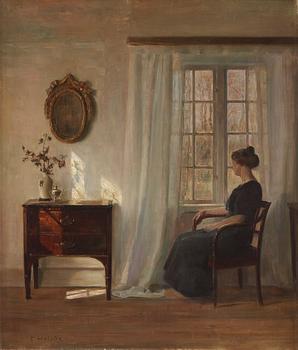 821. Carl Holsoe, Interiör med sittande kvinna vid fönster.