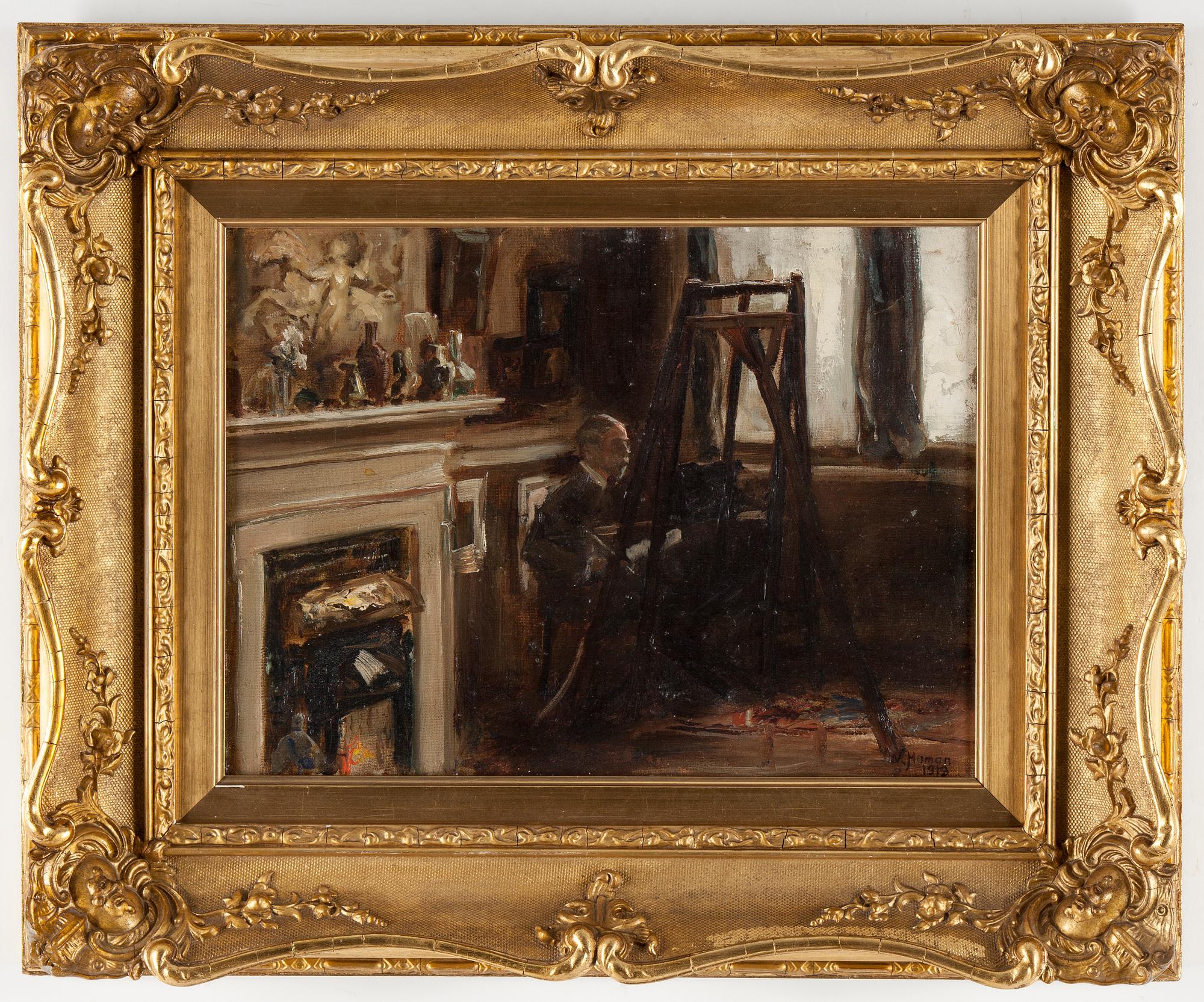 OKÄND KONSTNÄR, olja på duk, signerad W Homan, 1919.