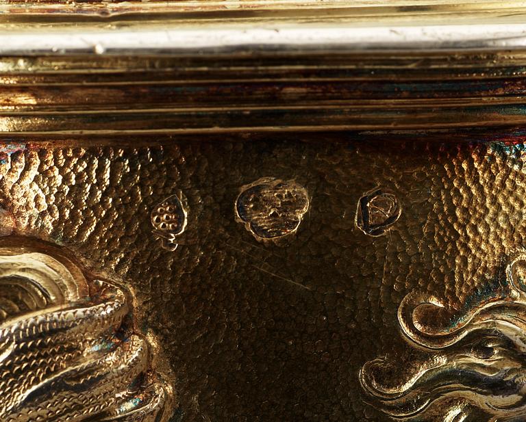 An important German 17th century parcel-gilt tankard, makers mark of Abraham Drentwett I, Augsburg 1645-1650.