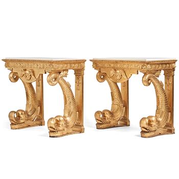 46. A pair of Swedish Empire carved and giltwood console tables, first half of the 19th century.